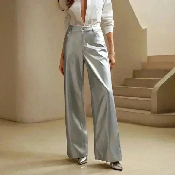 Silver Elegant Women's Faux Leather Urban Metallic Straight Leg Wide Leg Pants - Picture 1 of 5